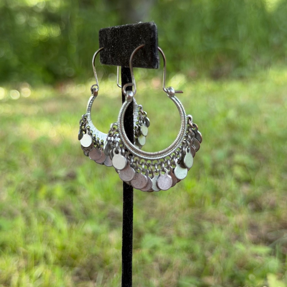 Silver Tone Boho Hoop Earrings Dangling Disc Charms Tribal Gypsy Drop